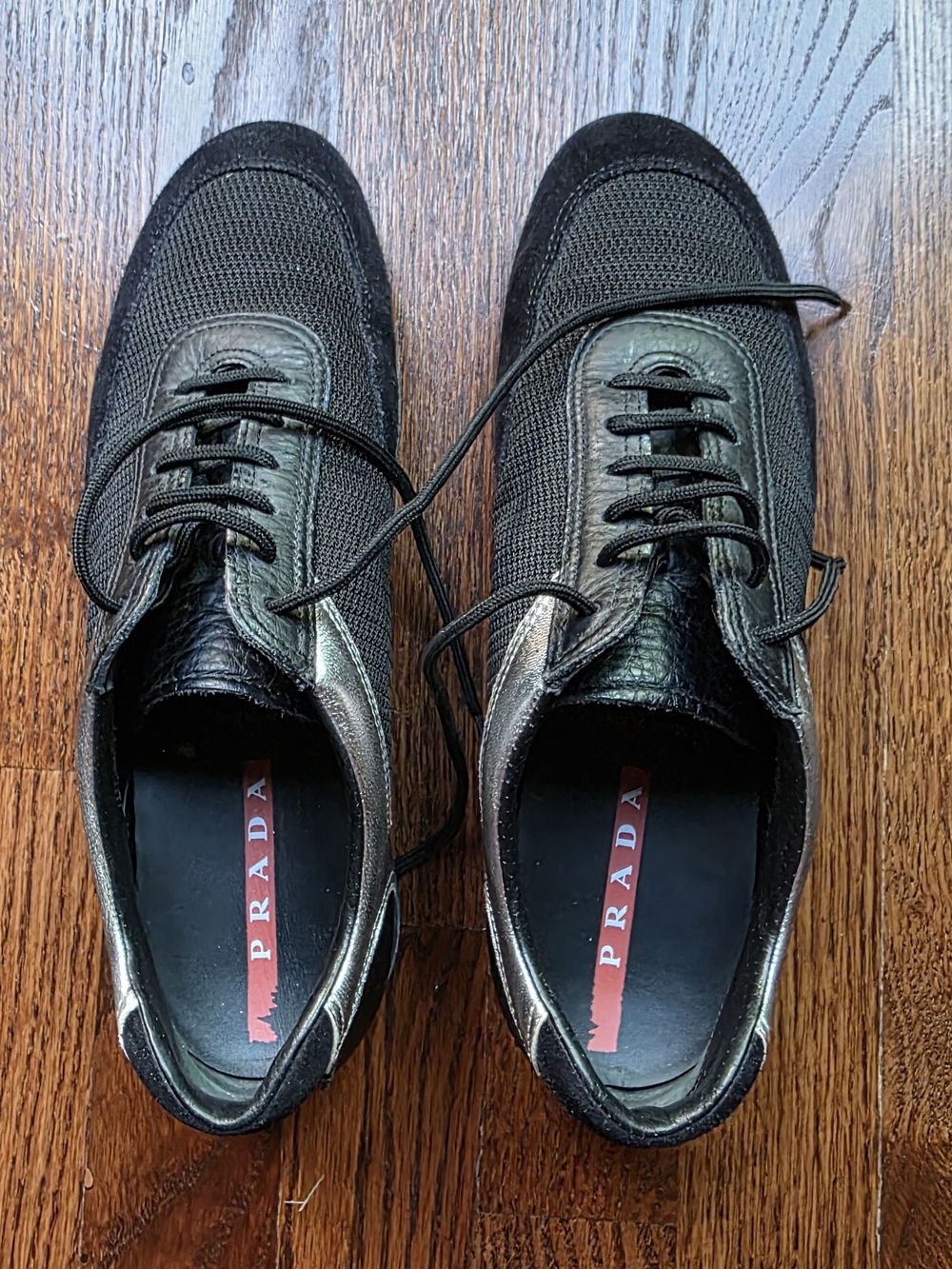 Prada Women's Black and Metallic Gray Lace-Up Sneakers